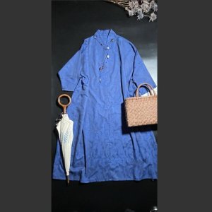 画像1: 白椿 オリジナル　『初夏のワンピース　一つボタン』ジャガード織　ブルー　完成品